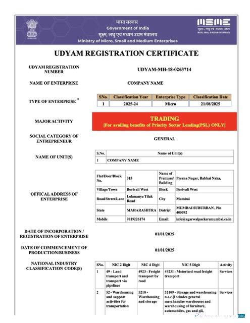 India Udyam registration certificate Word and PDF template, version 3
